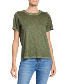 Veronica Beard Carla Short-Sleeve Pima Crewneck Tee with Buttoned Shoulders at Neiman Marcus